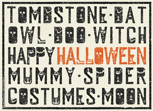 Halloween words decorative poster. Grunge stamp letters with scary elements (bats, tombs, pumpkins). Holiday words in grunge frame.