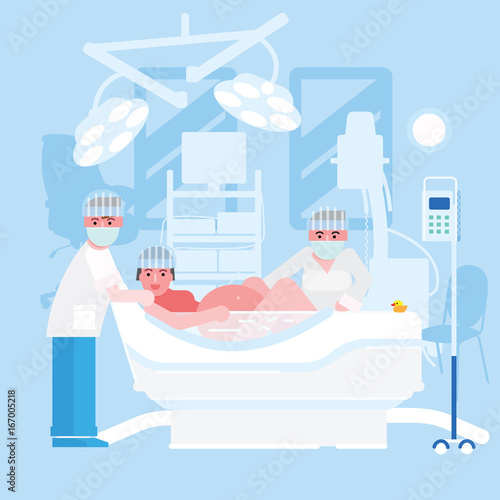 ПечатьChildbirth in water vector illustration. Childbirth at the clinic