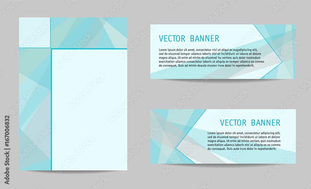 Cover A4 and two banners in geometric style. Aquamarine abstract backgrounds, layouts with segments for text. Technology templates for book, brochure, booklet, leaflet, advertising. Vector EPS10