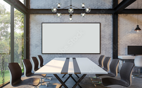 Loft style meeting room 3d rendering image.There are white brick wall,polished concrete floor and black steel structure.There are large windows look out to see the nature