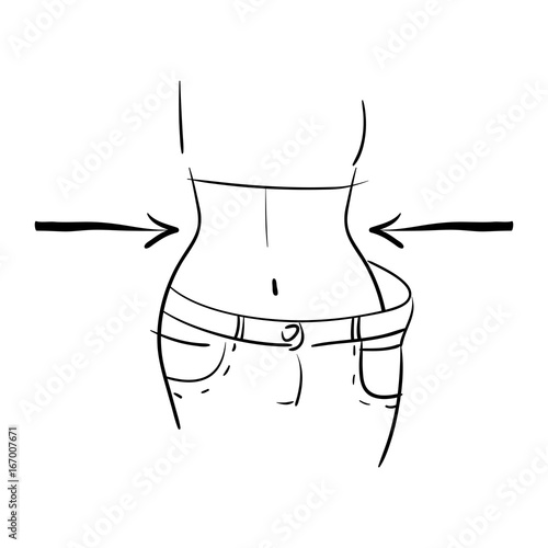 Hand drawn vector. Concept slimming symbol weight loss. Silhouette of sport girl with slender figure