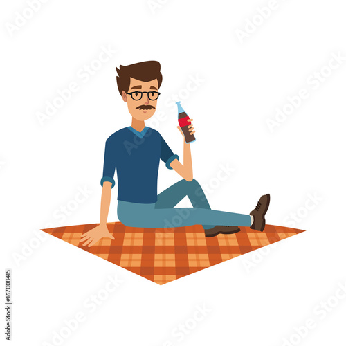 man holding fresh soda beverage at glass bottle