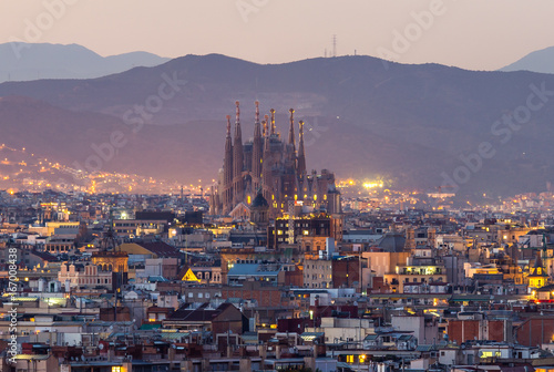 Barcelona city and sagrada familia at dusk time
