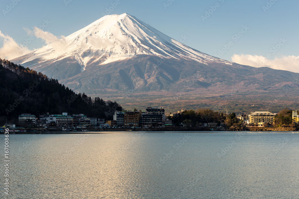 View of Mt.Fuji at sunrise from lake kawaguchiko yamanishi Japan