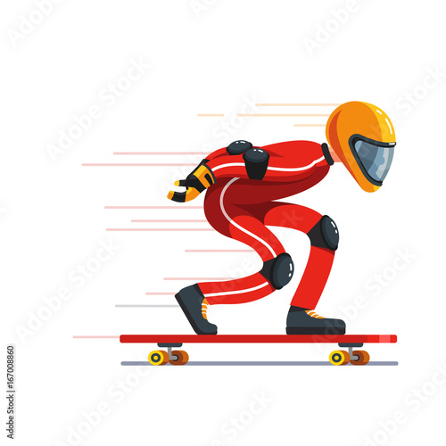 Teen kid longboard rider in protective gear riding
