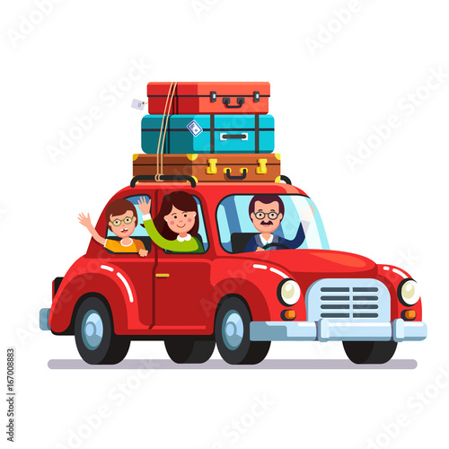 Family traveling by car with luggage bags on roof