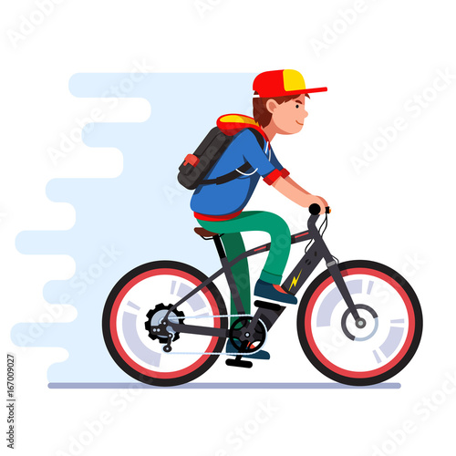 Teenager boy riding fast modern electric bicycle