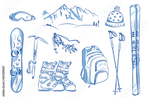 Icon set of winter objects: ski, crampons, snowboard. Hand drawn vector illustration.