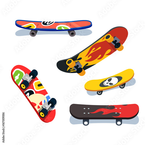 Various skateboards views and angles set