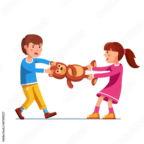 Kid girl, boy brother and sister fighting over toy