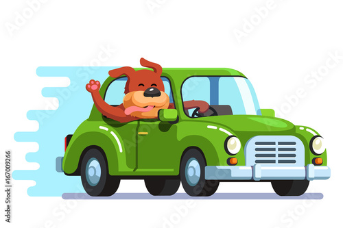 Happy dog riding retro passenger car having fun