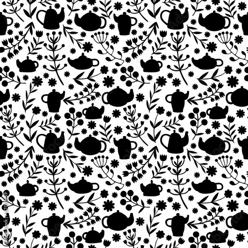 Cute tea set. Monochrome Vector seamless pattern.