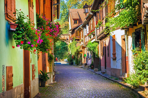 Floral traditional town Colmar with charming old streets in Alsace region. France