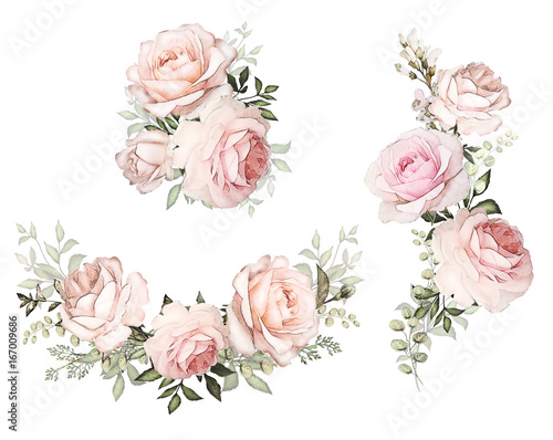 watercolor flowers. floral illustration in Pastel colors. Bouquet of flowers pink rose, Leaf and buds. Cute composition for wedding or greeting card. branch of flowers isolated on white background