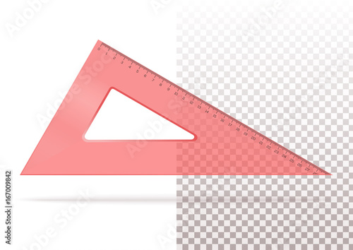 Red plastic transparent triangle. Triangle ruler isolated on a transparent and white background. Realistic vector illustration