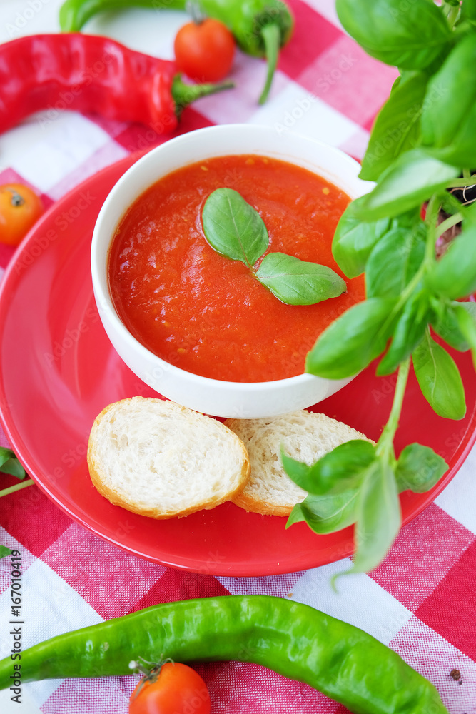 Cold summer tomato dish. Gaspacho soup with toast. Cold summer tomato dish. Gaspacho soup with toast.