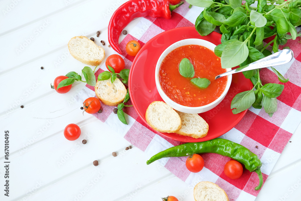Cold summer tomato dish. Gaspacho soup with toast. Cold summer tomato dish. Gaspacho soup with toast.