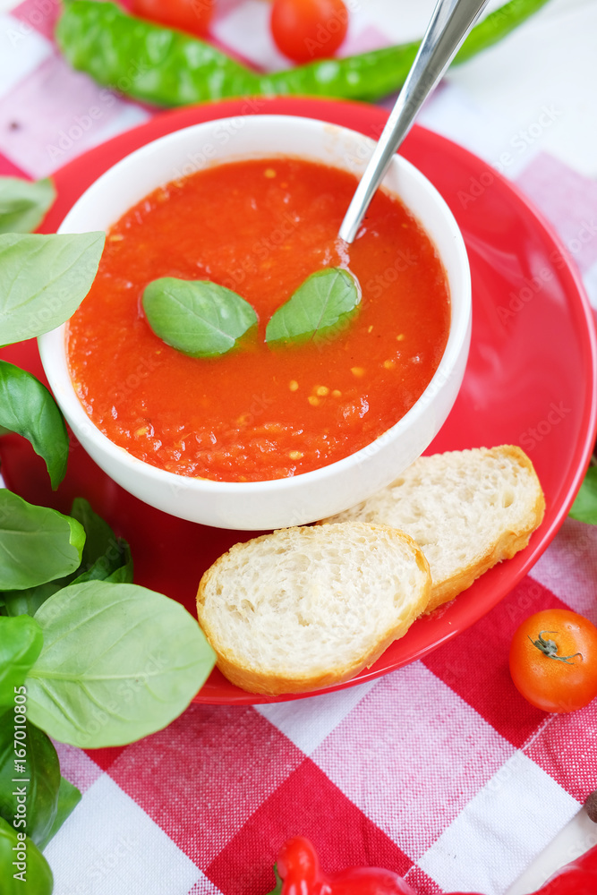 Cold summer tomato dish. Gaspacho soup with toast. Cold summer tomato dish. Gaspacho soup with toast.