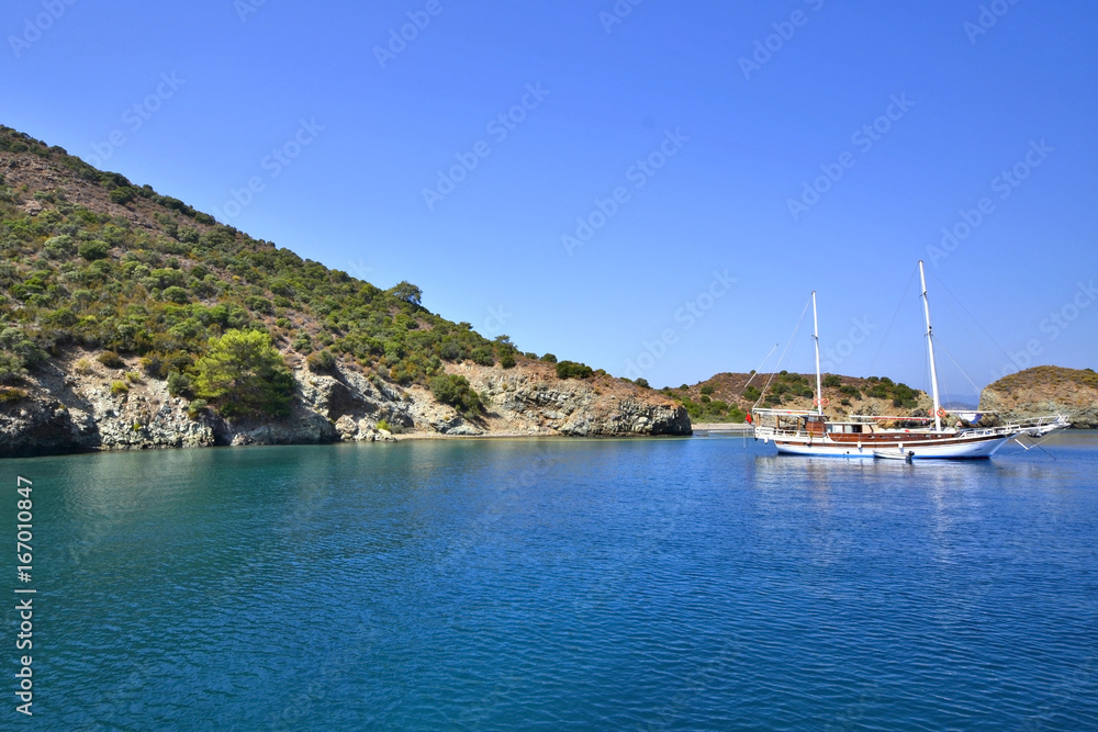 Boat anchored at a bay in the Turkish Mediterranean