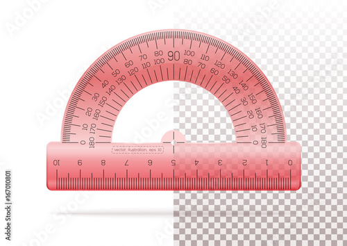Transparent plastic red protractor on a transparent and white background. Instrument of measurement. Realistic vector illustration
