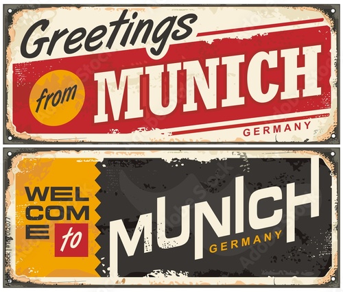 Munich Germany travel souvenir sign template. Greetings from Munich. Welcome to Munich.