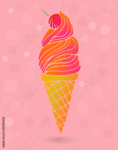 Cute colorful ice cream cone with cherry isolated on pink background. Card, poster, sticker. Vector illustration.