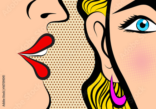 Retro Pop Art style Comic Style Book panel gossip girl whispering in ear secrets with pink cheek, rumor, word-of-mouth concept vector illustration