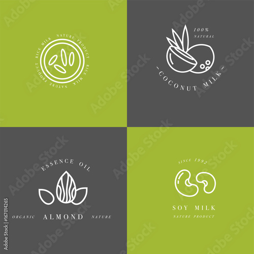 Vector set of packaging design elements and icons in linear style - almond, coconut, rice and soy milk