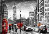oil painting on canvas, street view of london. Artwork. Big ben. couple and red umbrella, bus and road, telephone. Black car - taxi. England