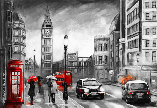 oil painting on canvas, street view of london. Artwork. Big ben. couple and red umbrella, bus and road, telephone. Black car - taxi. England © lisima