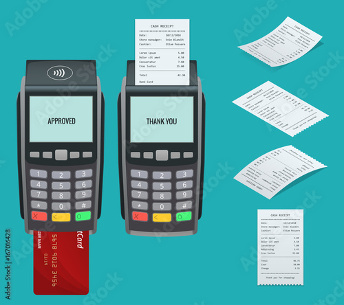 Vector payment machine and credit card. POS terminal confirms the payment by debit credit card, invoce. Vector illustration in flat design. NFC payments concept. Isometric NFC payments concept