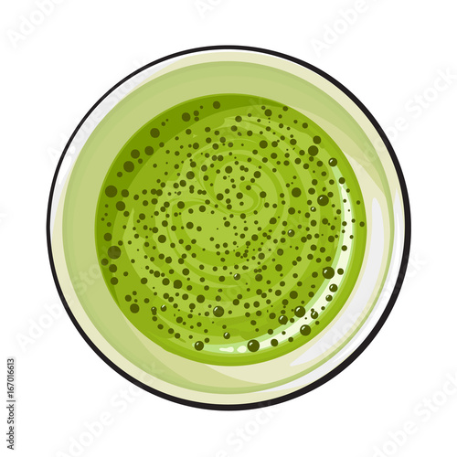 Top view drawing of matcha green tea drink in cup, sketch style vector illustration isolated on white background. Realistic hand drawing of matcha green tea in white cup