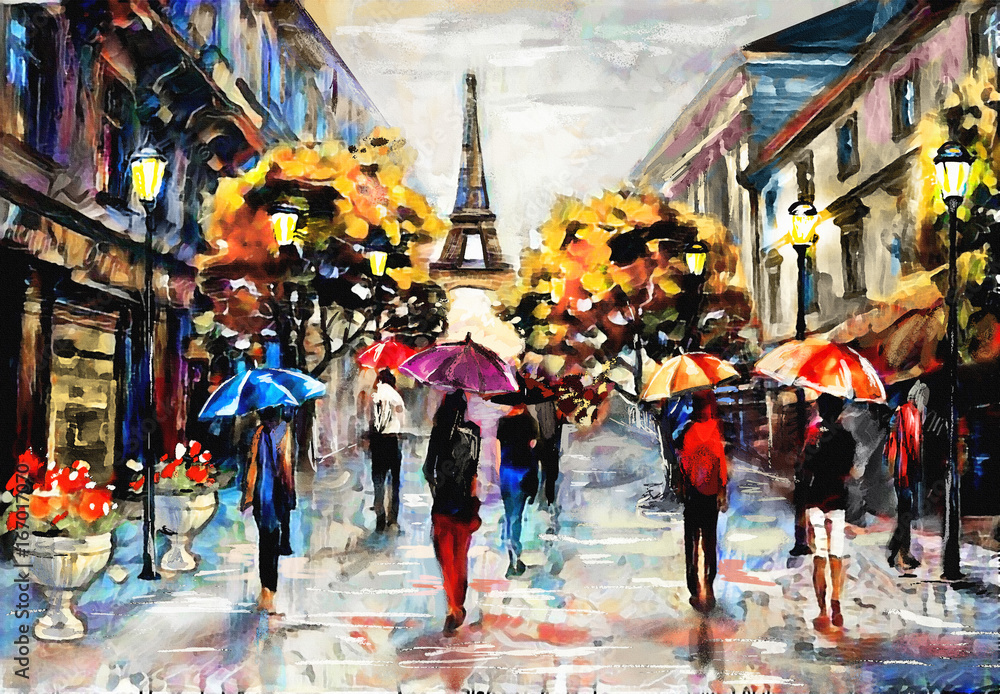 oil painting on canvas, street view of Paris. Artwork. eiffel tower . people under a red, blue umbrella. Tree. France - obrazy, fototapety, plakaty 