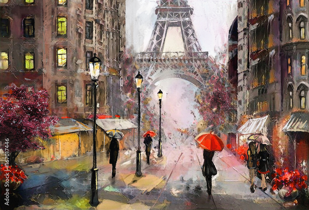 Fototapeta obraz olejny na płótnie, widok na ulicę Paryża. Grafika. Wieża Eiffla . ludzie pod czerwonym parasolem. Drzewo. Francja