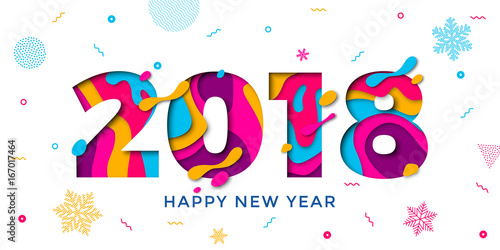 2018 Happy New Year greeting card snowflakes background vector paper text carving