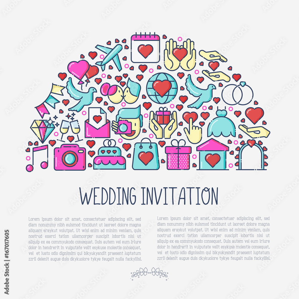 Wedding invitation concept in half circle with thin line icons of dove, camera, photographer, bride, dress, balloons. Vector illustration for banner or web page.