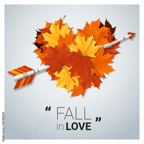 Hello autumn background with heart shape leaves and arrow , vector , illustration 
