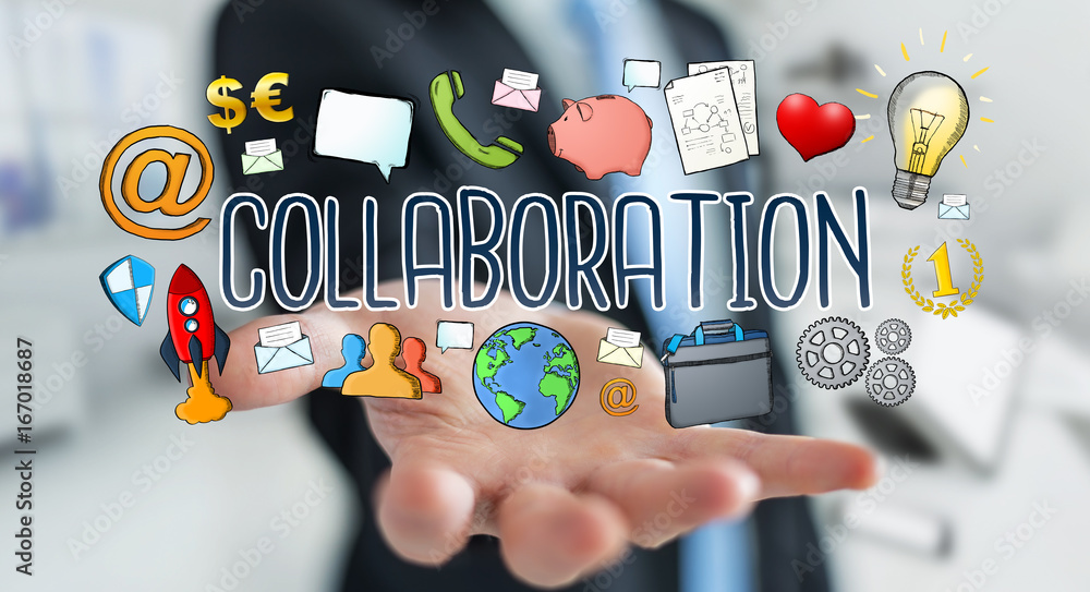Businessman using hand-drawn collaboration presentation Businessman using hand-drawn collaboration presentation