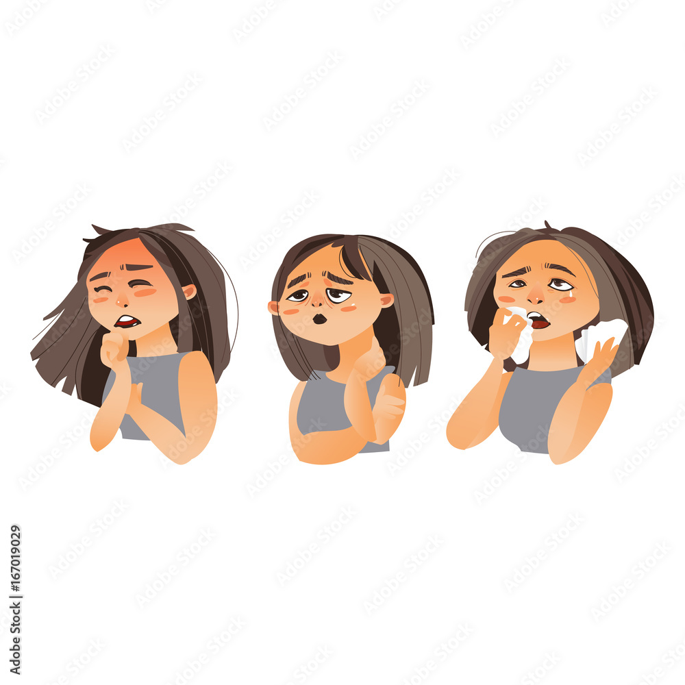 Woman having flu symptoms - fatigue, runny nose, cough, cartoon vector  illustration isolated on white background. Portrait of girl, woman with  flu, influenza symptoms, fatigue, rhinitis, cough Stock Vector | Adobe Stock