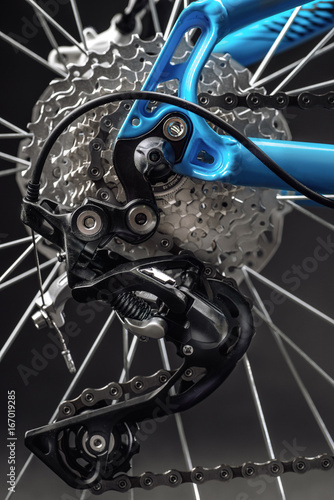 mountain bicycle photography in studio, bike parts, derailleur