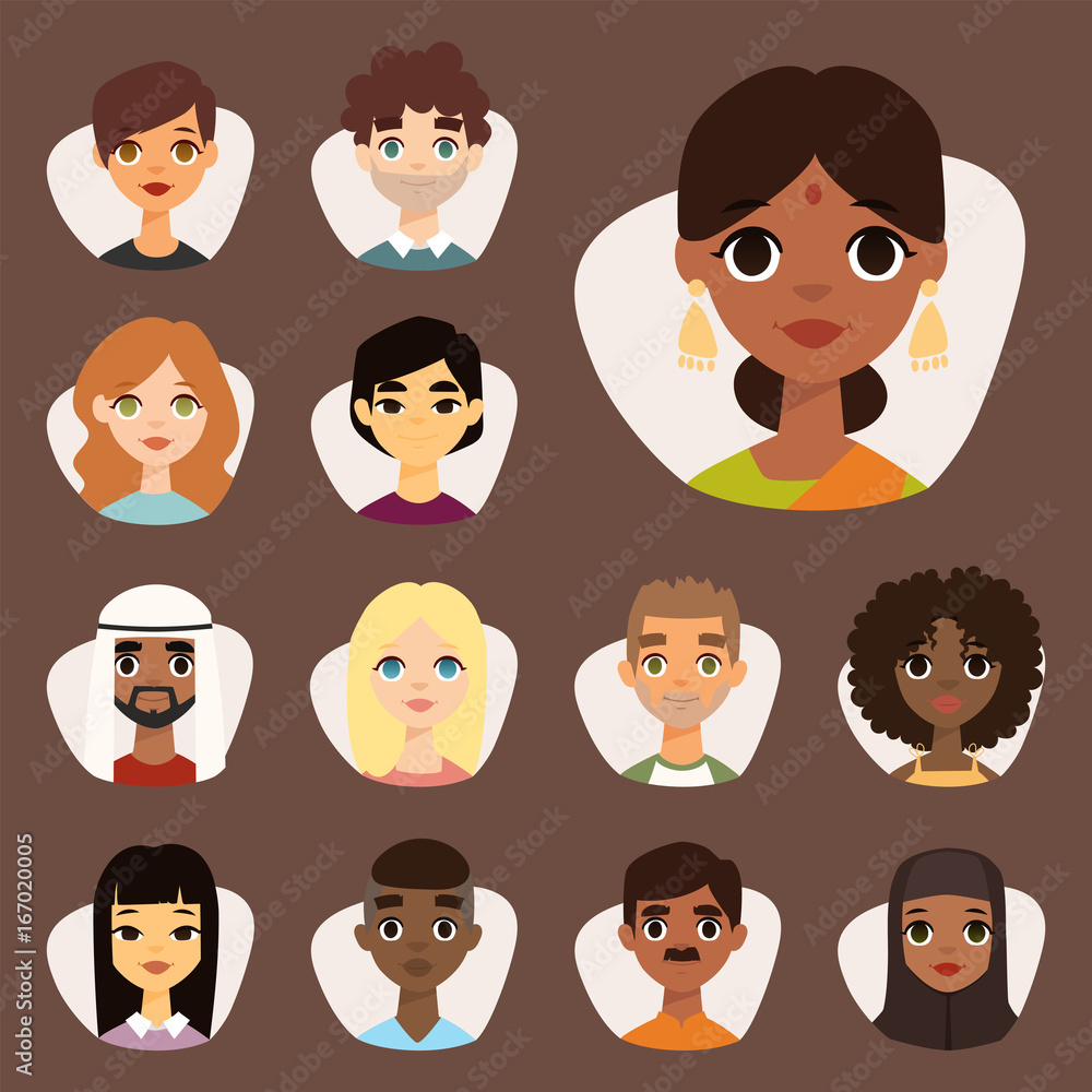 Set of diverse round avatars with facial features different nationalities clothes and hairstyles people characters vector illustration Set of diverse round avatars with facial features different nationalities clothes and hairstyles people characters vector illustration
