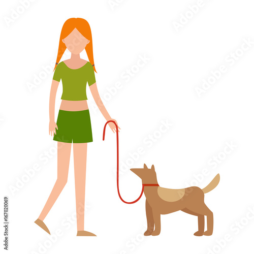 Cute girl human character holding strongly cuddling dog isolated vector illustration of happy kid and pet.