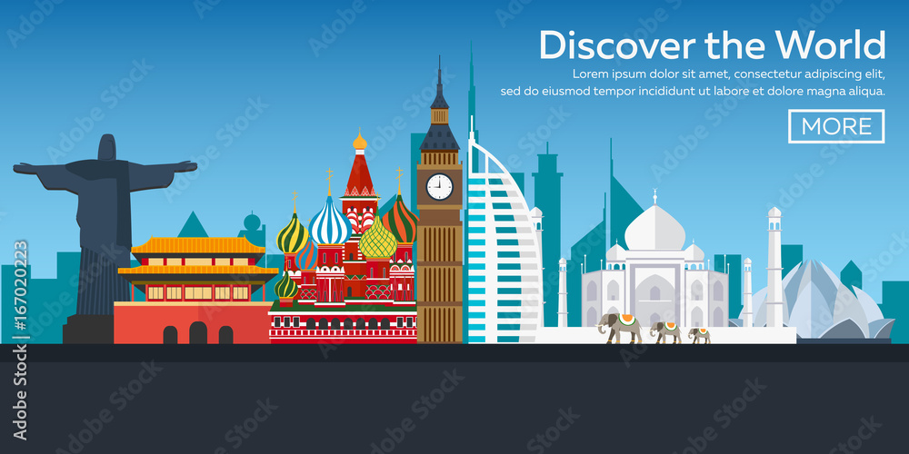 Flat vector web banners on the theme of travel by airplane, vacation, adventure. Flight in the stratosphere. Around the World.