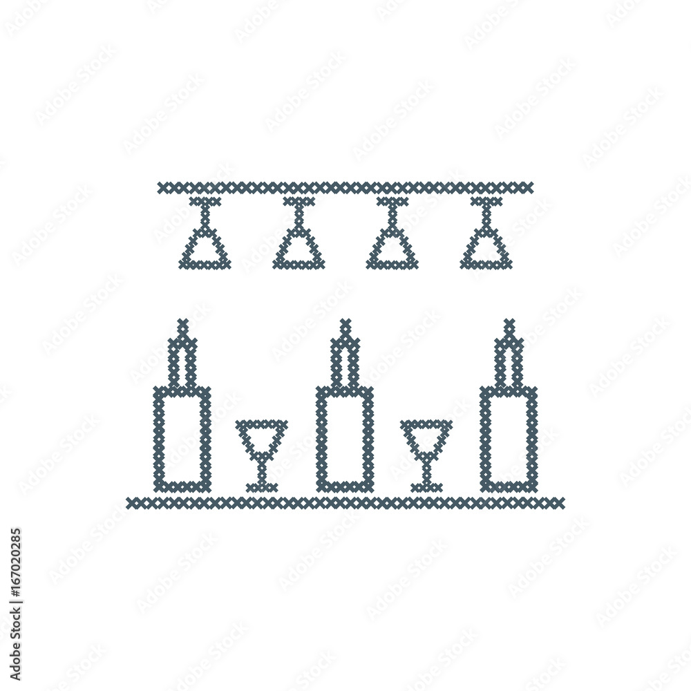 Cute vector illustration cross embroidery of bar. Bottles and glasses. Cute vector illustration cross embroidery of bar. Bottles and glasses.