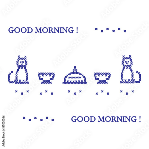 Cute vector illustration cross embroidery of dish with lid, two cups and two cats.