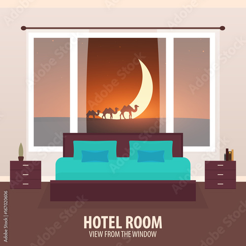 Hotel Room. View from the window. Travelling nad trip. Vector flat illustration.
