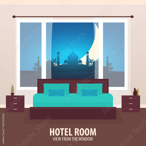 Hotel Room. View from the window. Travelling nad trip. Vector flat illustration.