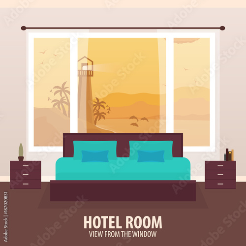 Hotel Room. View from the window. Travelling nad trip. Vector flat illustration.