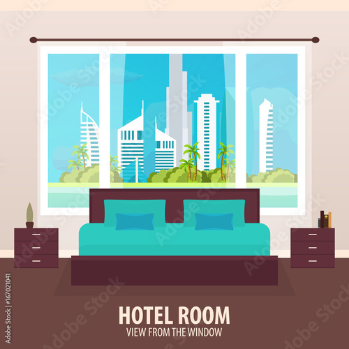 Hotel Room. View from the window. Travelling nad trip. Vector flat illustration.