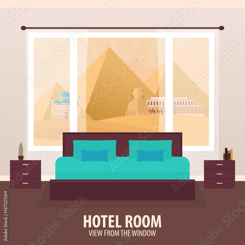 Hotel Room. View from the window. Travelling nad trip. Vector flat illustration.